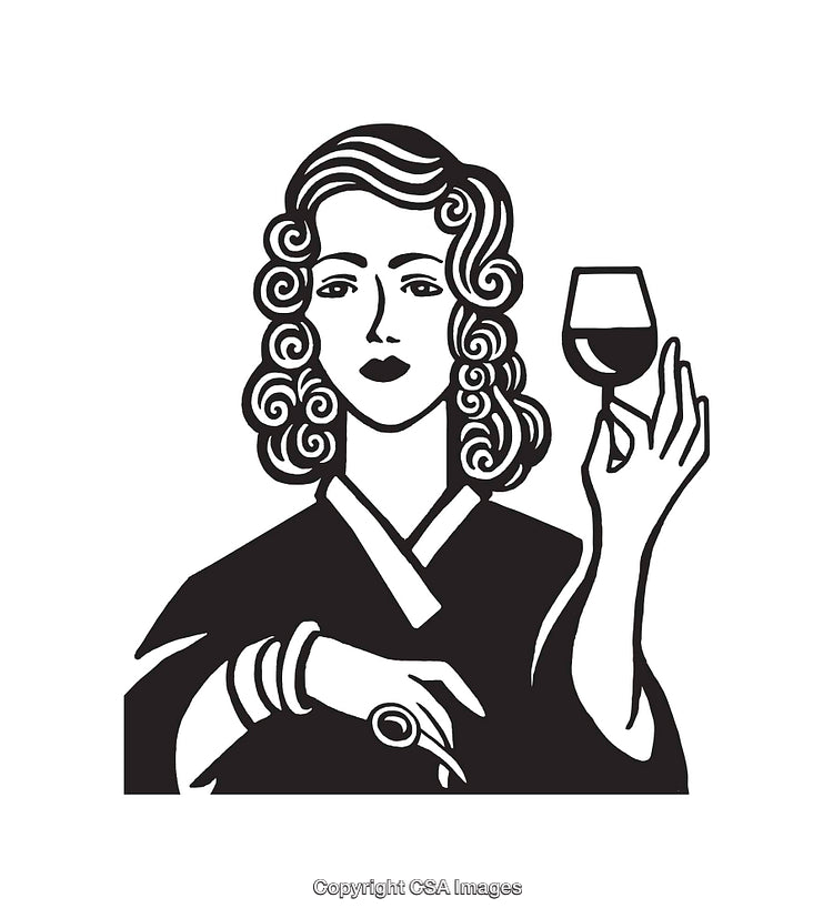 Elegant Black and White Illustration of a Woman Holding a Wine Glass