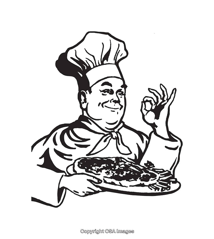 Classic Line Art of a Chef Holding a Pizza in Approval Pose