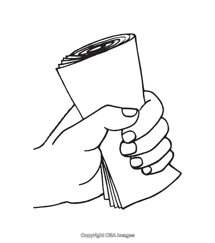 Hand Holding a Rolled-Up Paper in Black and White Line Artwork