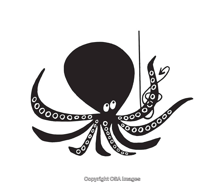 Black And White Line Art Illustration of a Playful Octopus with Tentacles Raised