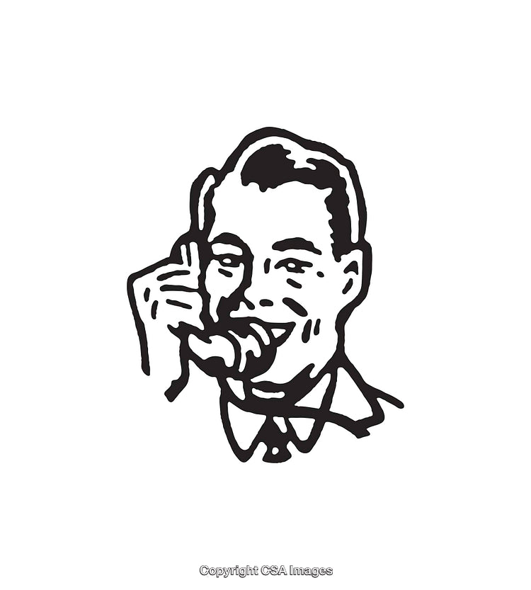 Retro Black and White Illustration of a Smiling Man with a Phone