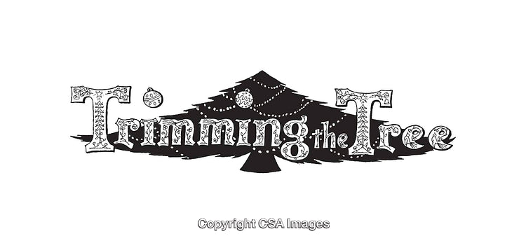 Black and White Line Art Featuring Tree Trimming Holiday Scene