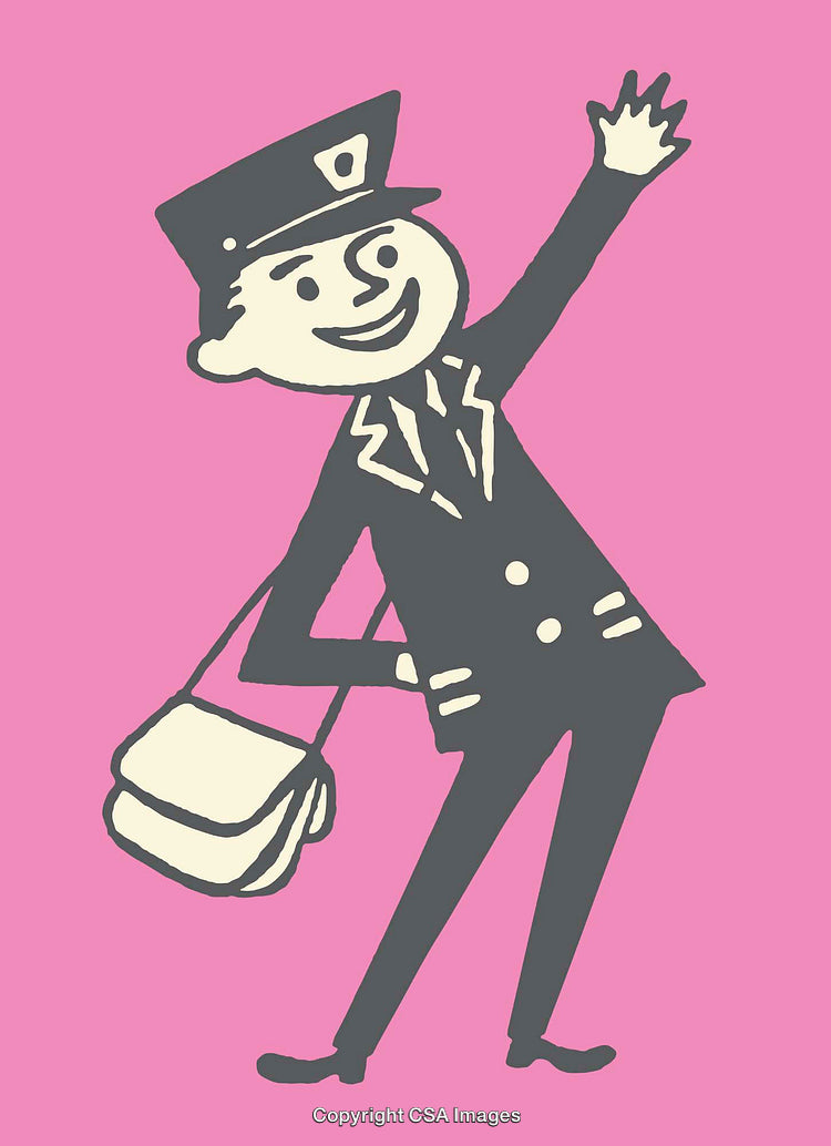 Retro Cartoon Mail Carrier Waving Amidst a Bright Pink Background