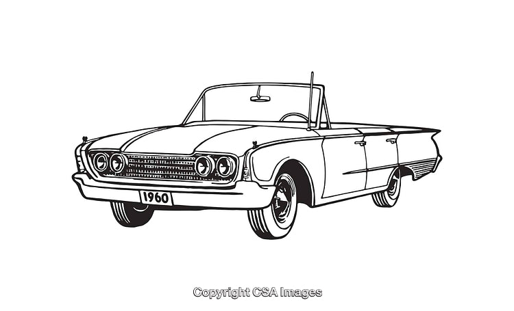 Vintage 1960 Convertible Car Line Art Illustration in Black and White