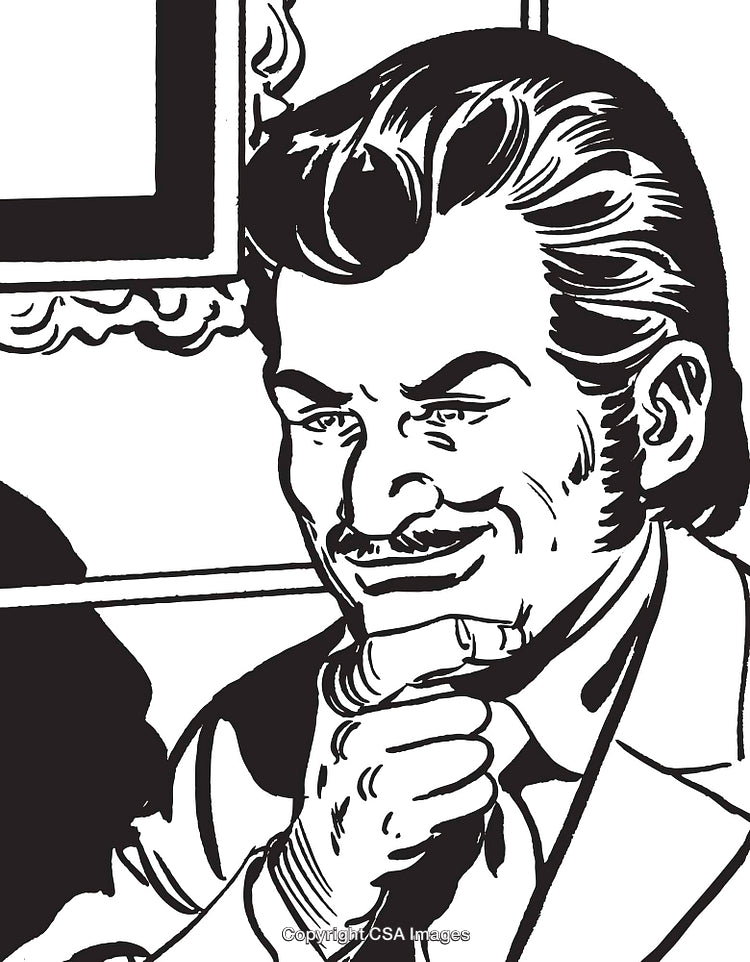 Monochrome Illustration of a Smiling Man in a Thoughtful Pose with a Suit