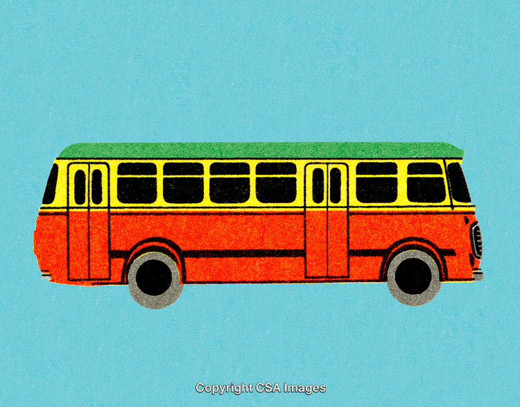 Retro Styled Colorful Bus Illustration Against a Solid Blue Background