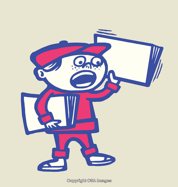 Vintage Illustration of a Cartoon Paperboy Holding a Newspaper in Retro Style