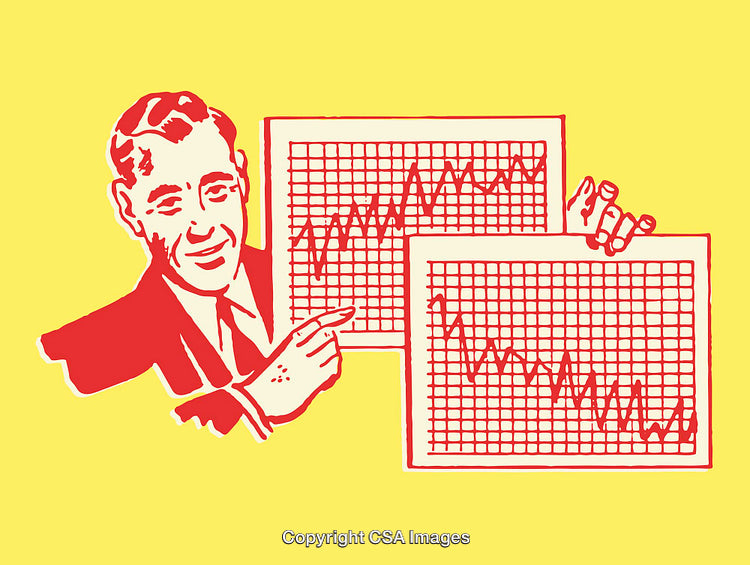 Retro Styled Illustration of Business Charts and Graphs on Yellow Background