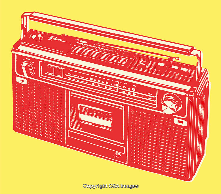 Retro Radio Line Art Illustration Featuring Bold Red Tone on Yellow Background