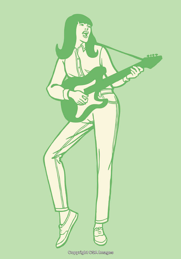 Retro Line Art Illustration of Woman Playing Electric Guitar