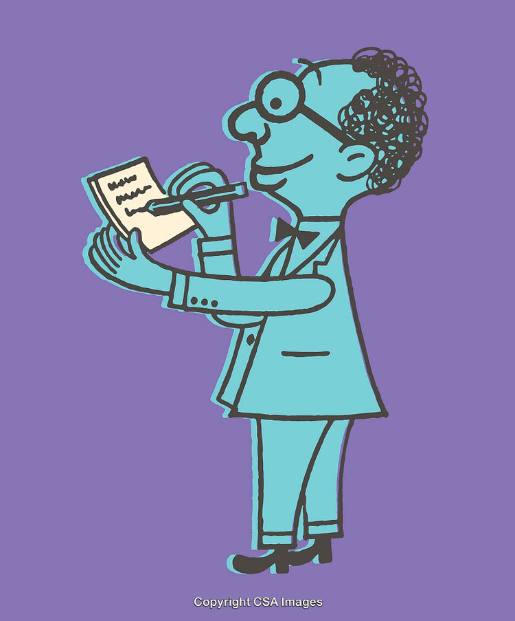 Cartoon Illustration of a Cheerful Scientist Writing Notes on Purple Background