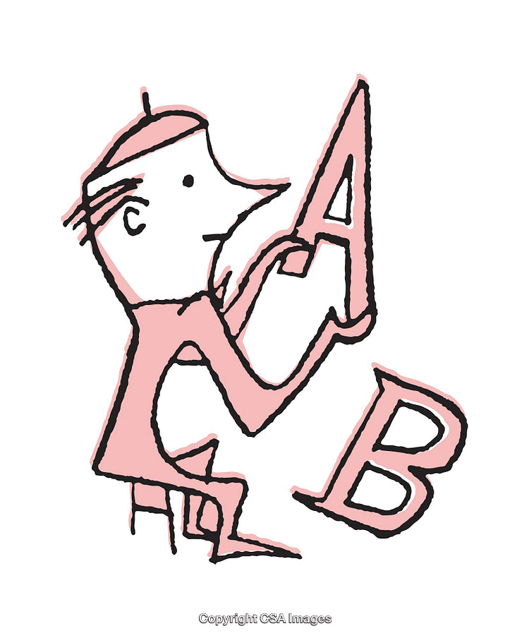 Whimsical Illustration of a Character Interacting with Alphabet Letters