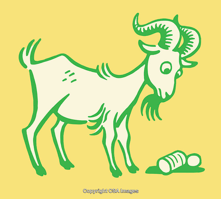 Colorful Goat Illustration Featuring A Curious Goat Observing Cans on Yellow Background
