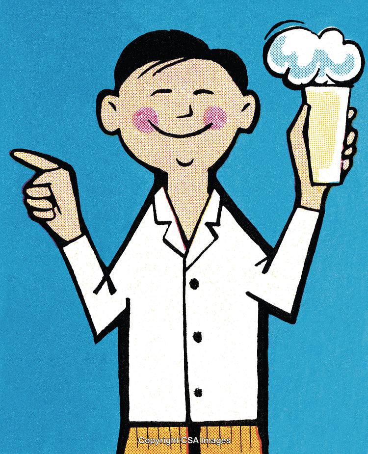 Smiling Cartoon Character Holding Beer Mug Against Blue Background