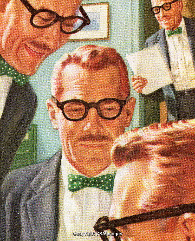 Smiling Gentlemen in Glasses Collaborate at the Office in Retro Illustration