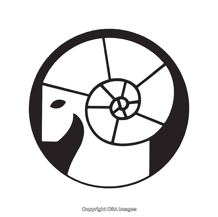 Black and White Line Art of a Goat Head with Spiral Design