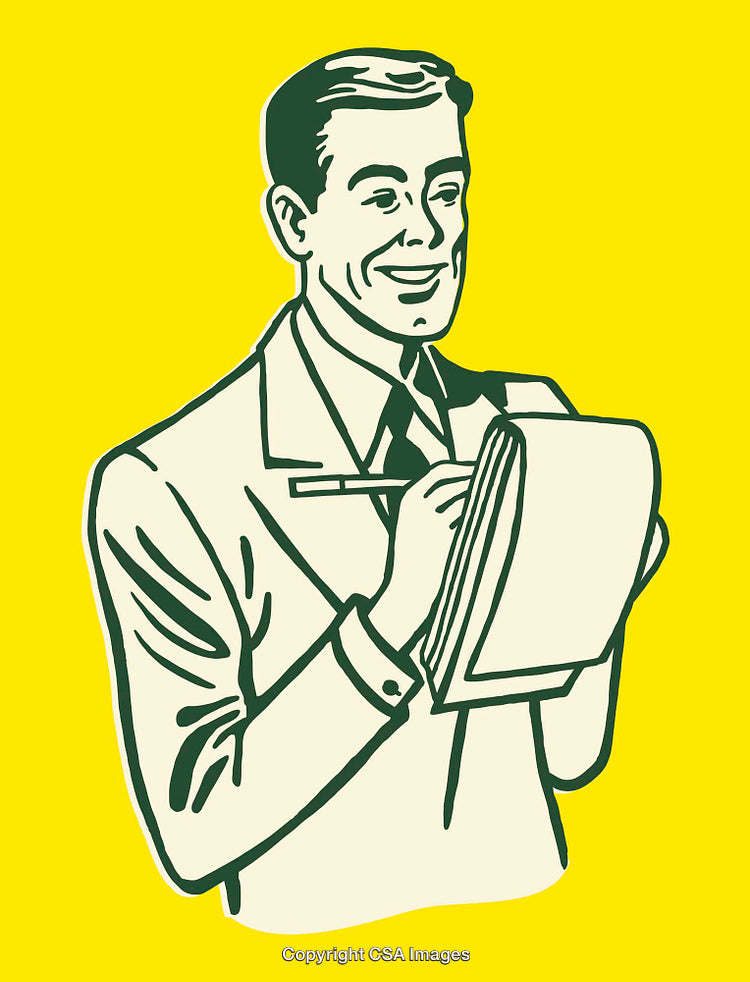 Retro Style Cartoon Illustration of a Smiling Businessman Writing on a Notepad