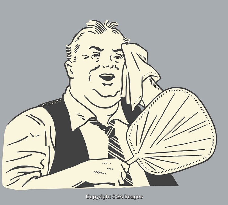 Vintage Illustration of a Man Wiping Sweat and Holding a Fan in Retro Style