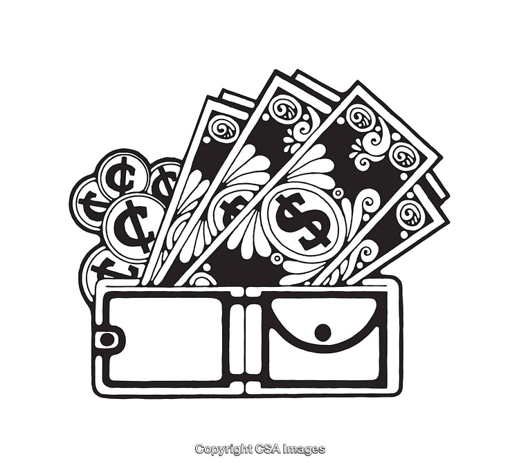 Black and White Line Art Illustration of Money in a Wallet
