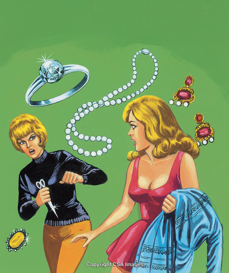 Illustration of Women in Confrontational Scene with Jewelry Featuring Bold Colors