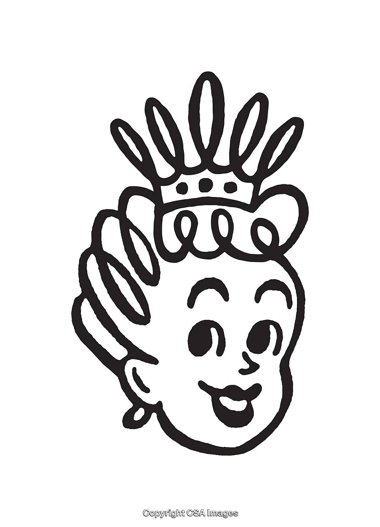 Black and White Line Drawing of a Smiling Person Wearing a Crown