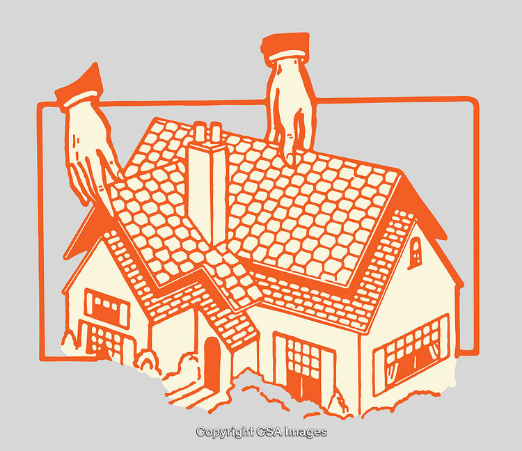 Colorful Line Art Illustration of a House With Hands Adjusting the Roof