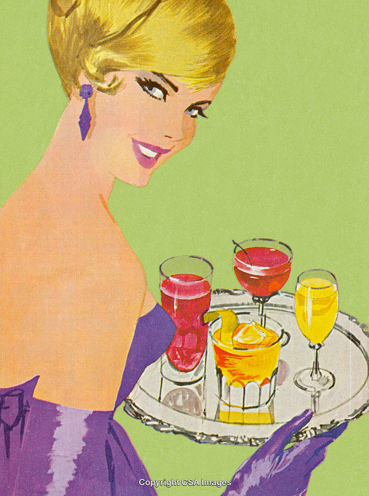 Elegant Woman Holding Tray of Colorful Drinks in Retro Illustration Style