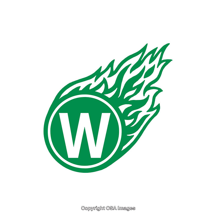 Green Flaming Letter W Design with Bold Lines and Flames
