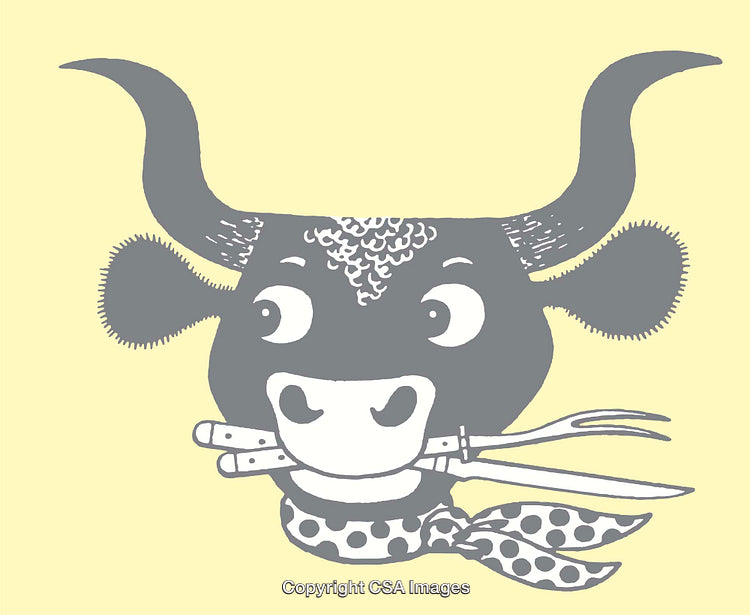 Playful Illustration of a Cartoon Bull with Utensils and Scarf