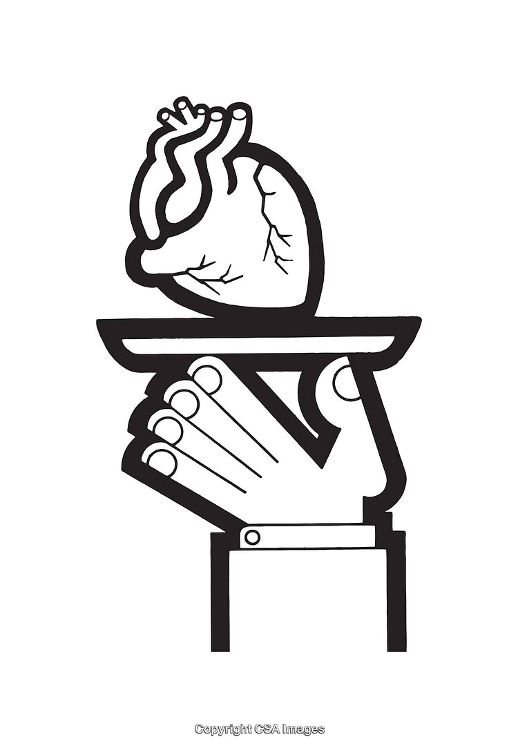 Black and White Illustration of a Heart on a Tray Held by a Hand