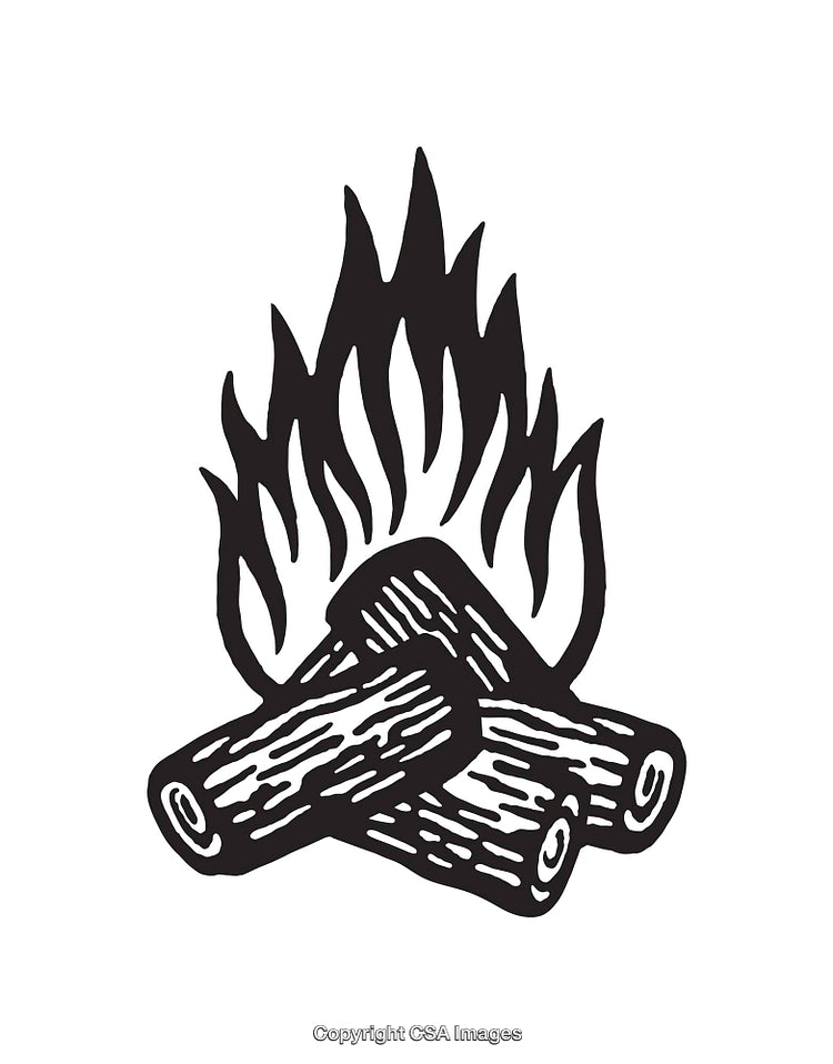 Black and White Line Art of a Simplified Campfire Design