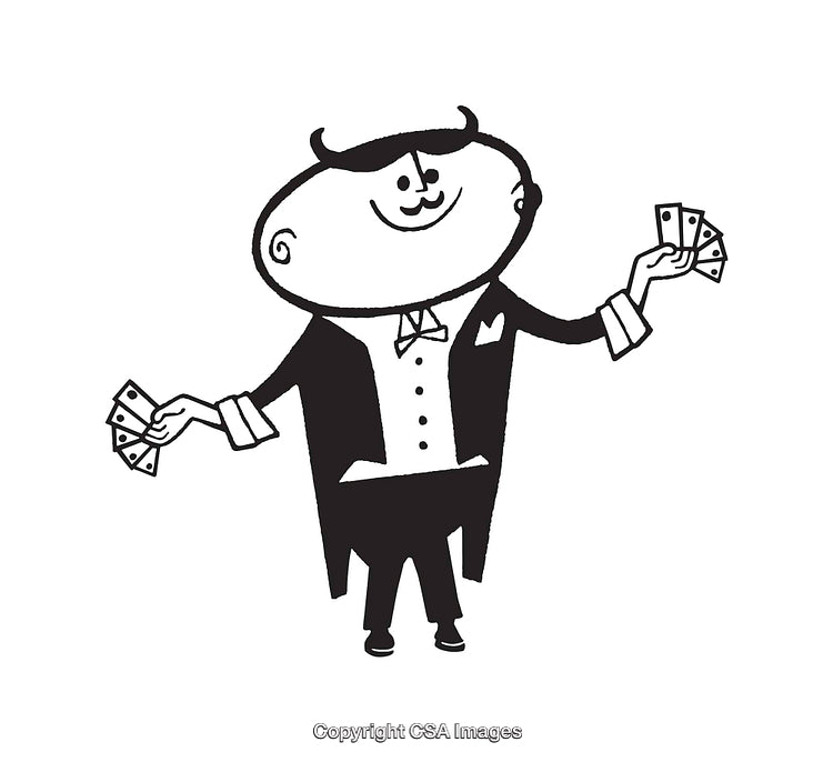 Black and White Cartoon of Well-Dressed Man with Money in Hands