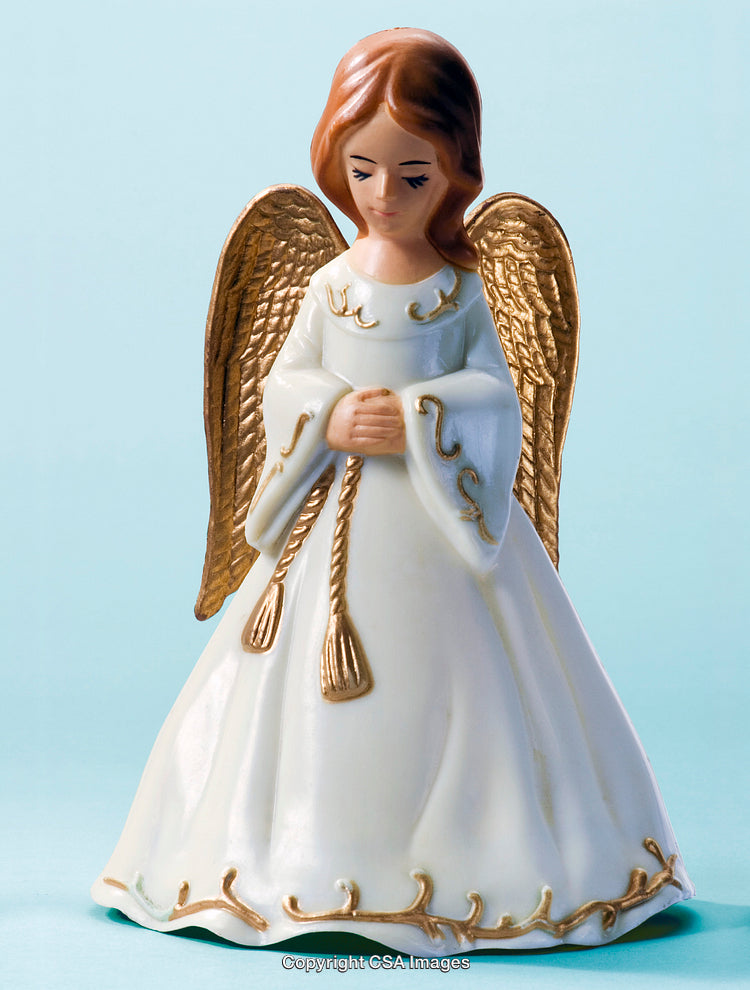 Ceramic Angel Figurine with Golden Wings on Light Blue Background