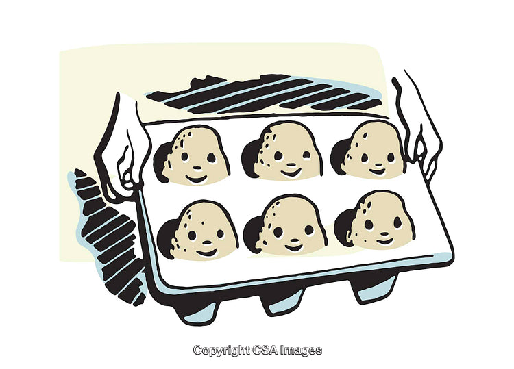 Whimsical Illustration of Six Smiling Cookies on a Tray