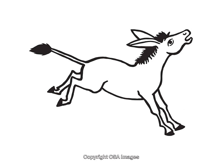 Black and White Line Drawing of a Playful Kicking Donkey