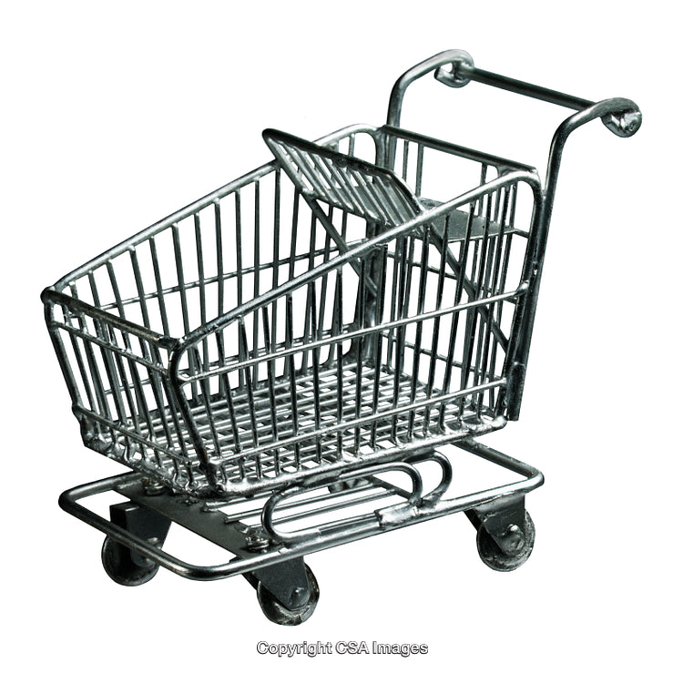 Miniature Shopping Cart Depicting Retail Concept Against White Background