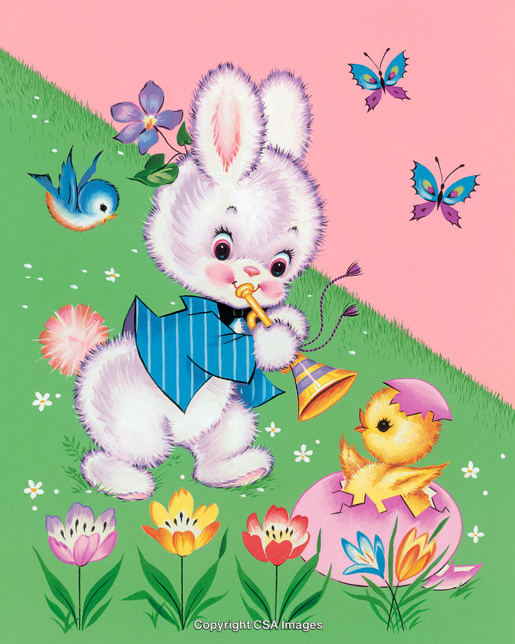 Cute Bunny Playing Trumpet with Baby Chick Amidst Flowers and Butterflies