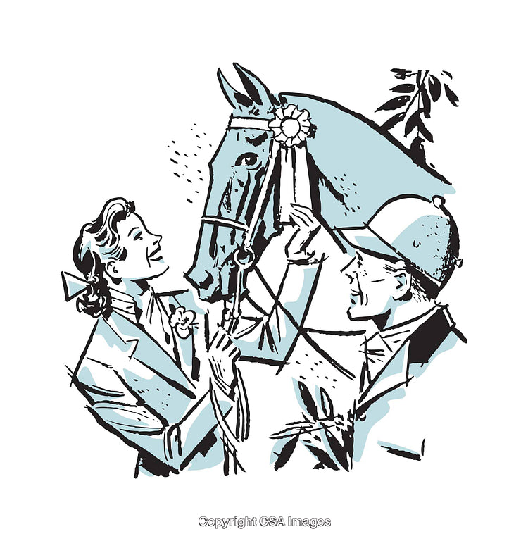 Color Illustration of a Horse, Rider, and Handler at an Event