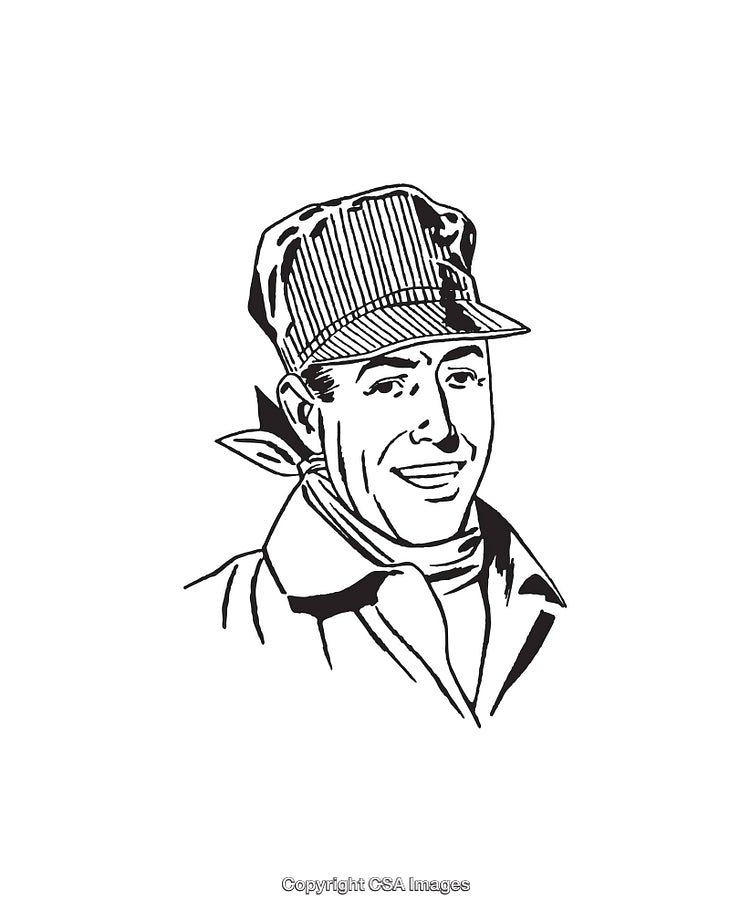 Retro Styled Black and White Portrait of a Cheerful Worker Illustration
