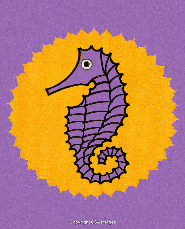 Colorful Illustration of a Seahorse with Purple and Orange Contrast