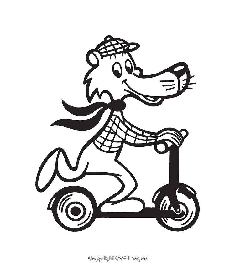 Cartoon Wolf Riding a Scooter in Black and White Illustration