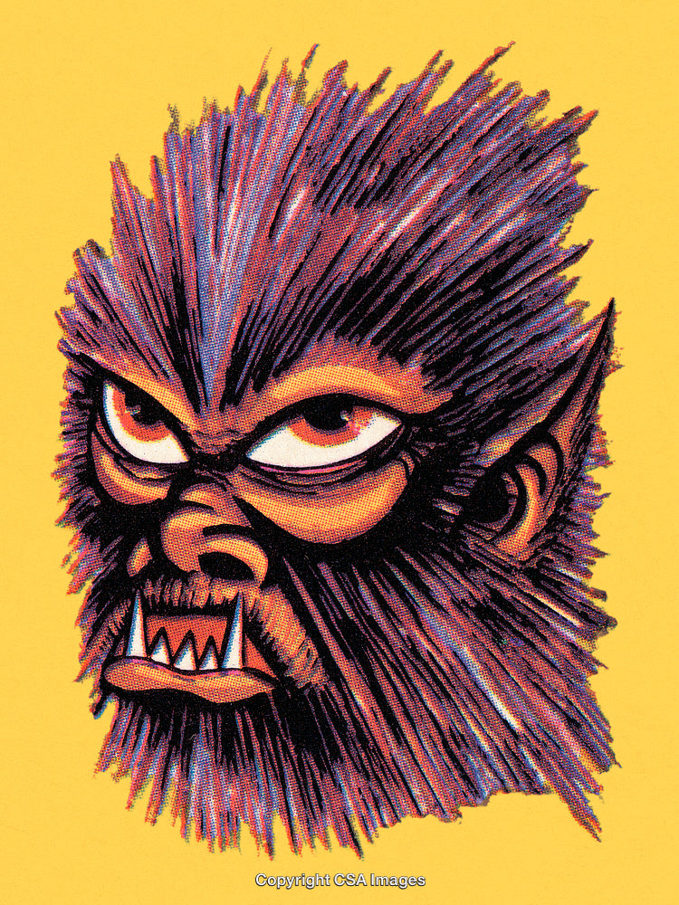 Vintage Illustrated Werewolf Head Artwork on Bright Yellow Background