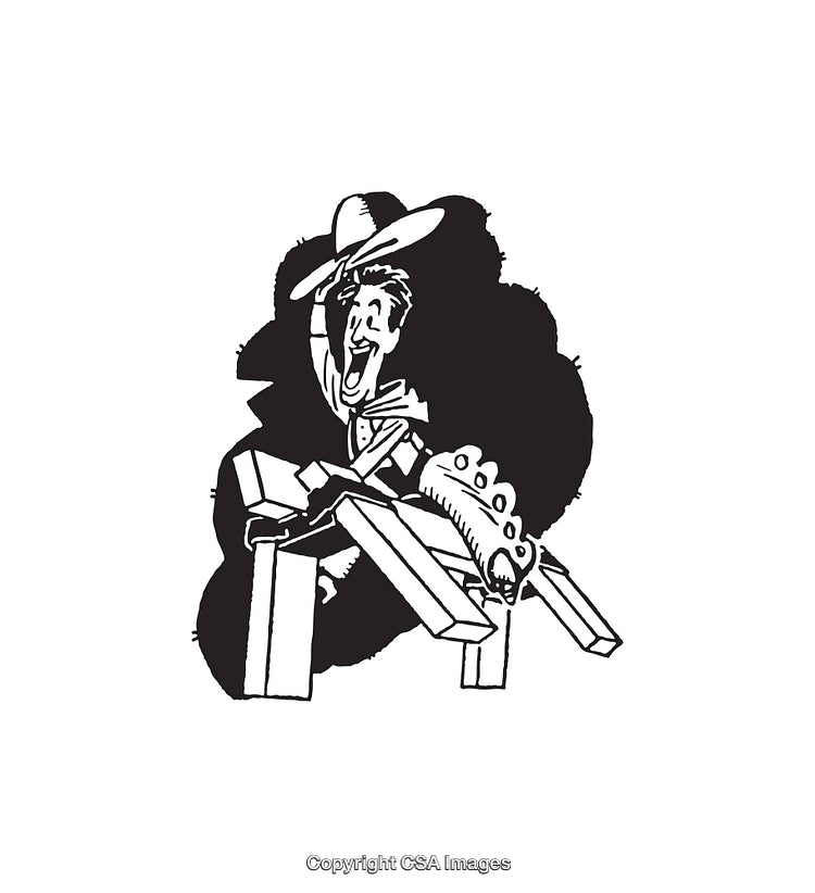 Cowboy Riding a Mechanical Rattlesnake in Black and White Art