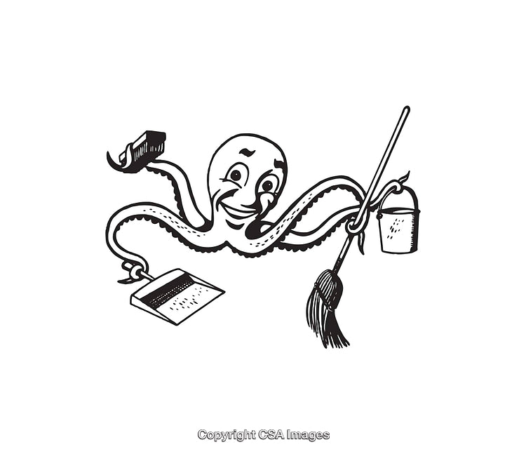 Vintage Octopus Cartoon Cleaning Tools Illustration in Black and White Line Art Style