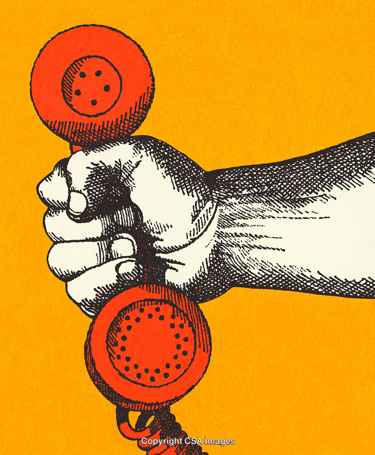Vintage Illustration of Hand Holding a Retro Red Telephone Receiver