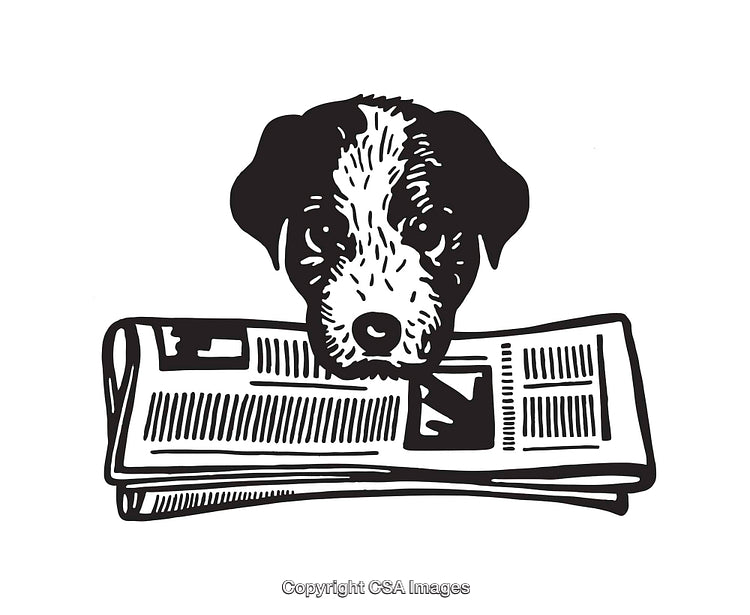 Black and White Illustration of a Dog Holding a Newspaper
