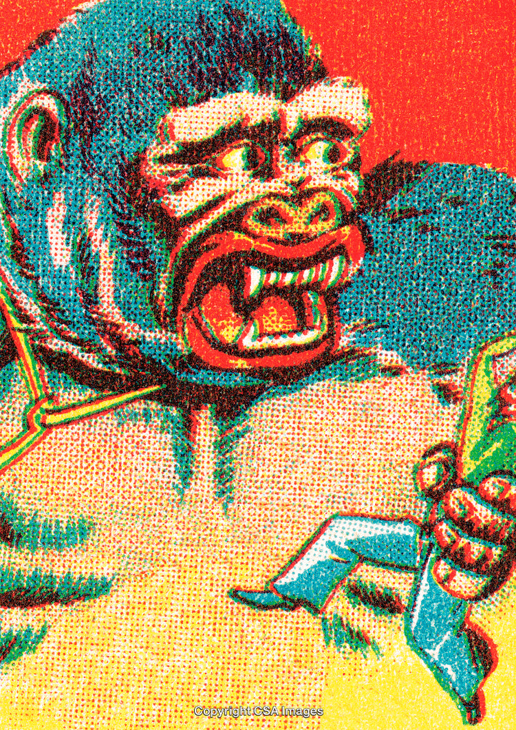 Colorful Illustrated Scene Featuring Fierce Gorilla Against Vibrant Background