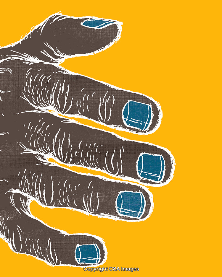 Artistic Illustration of a Hand with Blue Nails on a Yellow Background