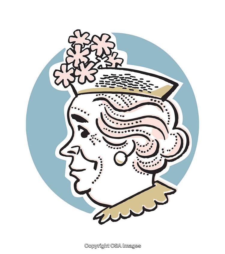 Illustration of a Woman in Vintage Style Profile with Floral Hat