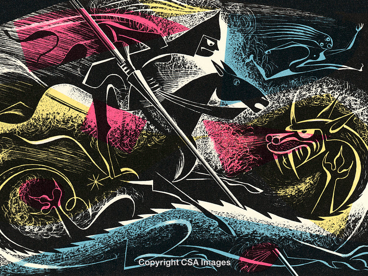 Fantasy Knight Battling a Dragon in a Surreal Artistic Scene